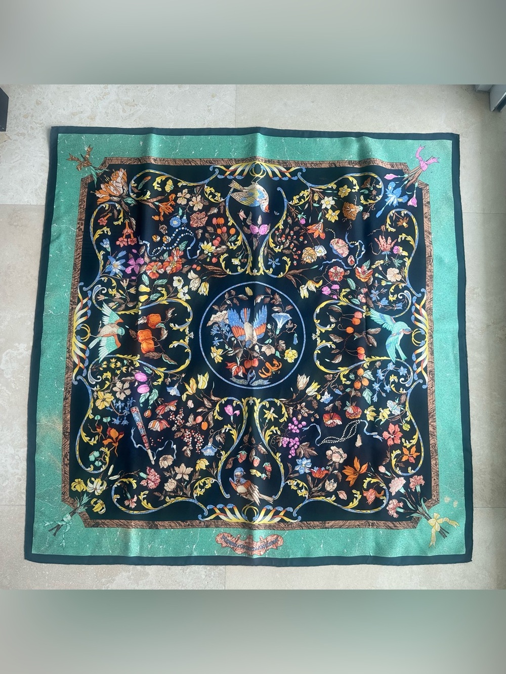 Hermes Black & Green Floral Silk Scarf